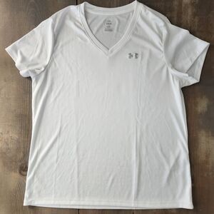 Under Armour White Tech V Neck Short Sleeve T Shirt - Size Large